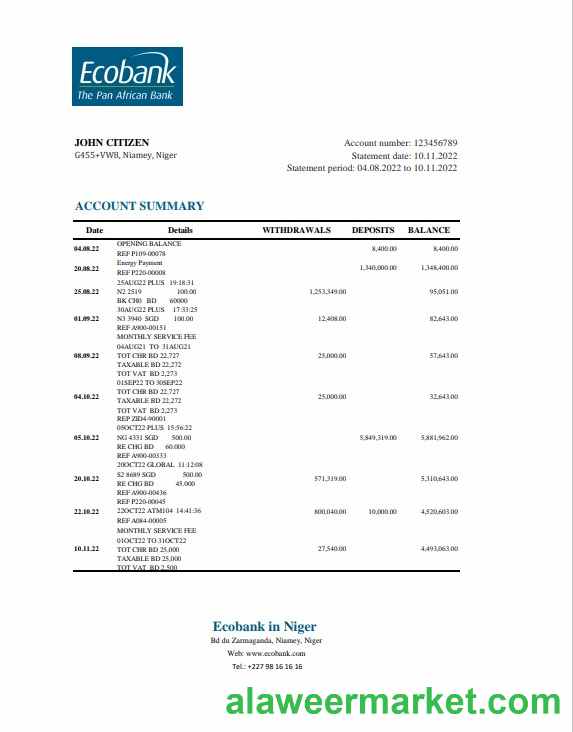 Niger Ecobank bank statement Excel and PDF template